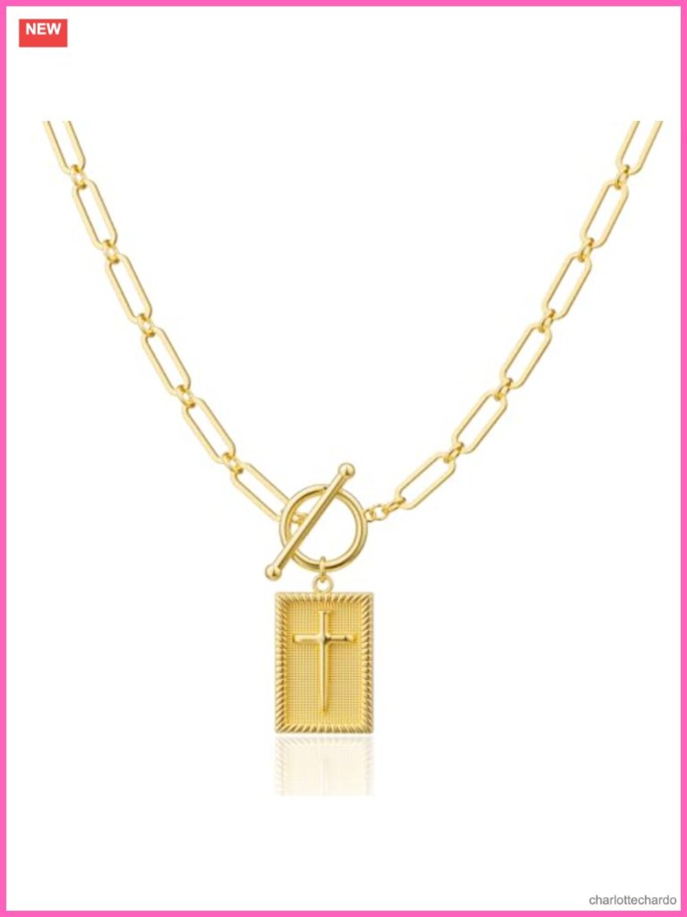 14K Gold Plated Chunky Cross Pendant Necklace Paperclip Chain Women